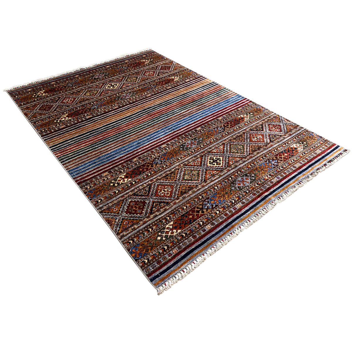 Colorful Khorjin rug, diagonal view with stripes, diamond patterns, and fringes