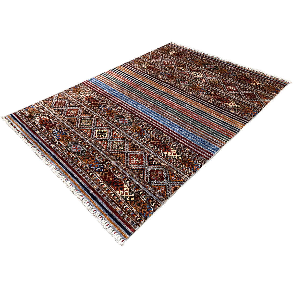 Colorful Khorjin rug, laid diagonally with ornamental borders and fringes