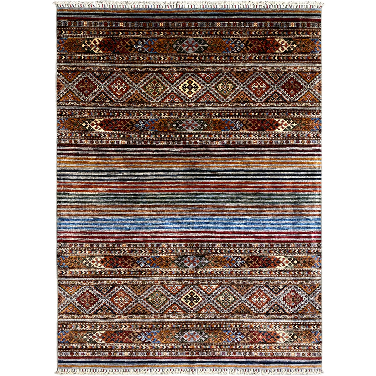 Colorful khorjin rug with stripes, diamonds, and decorative patterns, light-colored fringes