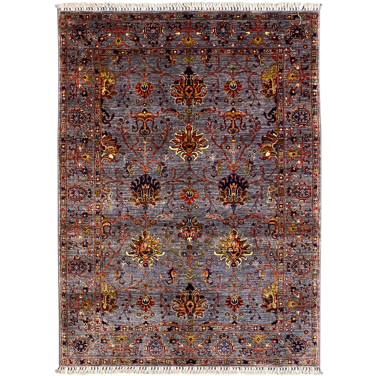Gray oriental rug with a floral ornamental pattern, a surrounding border, and fringes, 204x153 cm