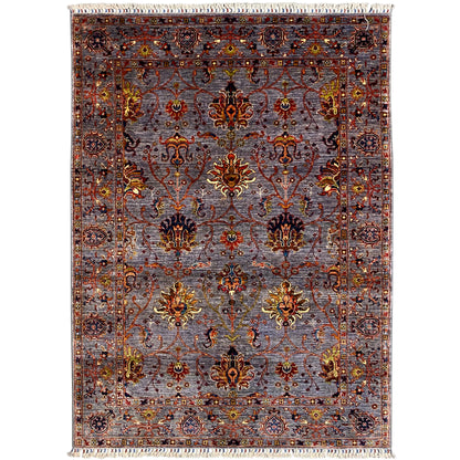 Gray oriental rug with a floral ornamental pattern, a surrounding border, and fringes, 204x153 cm