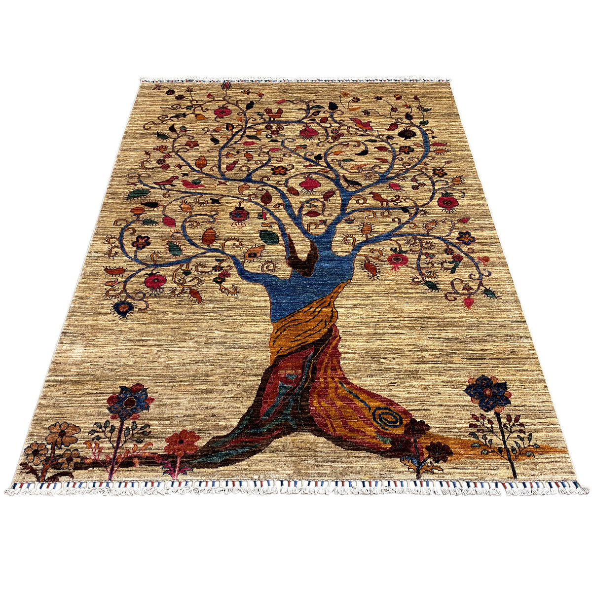 Beige Khorjin rug with Tree of Life motif, rectangular, flat-weave