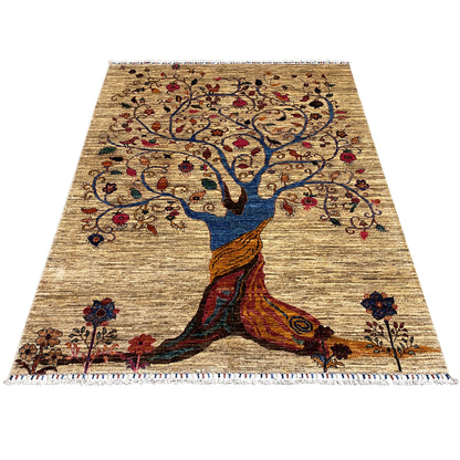 Beige Khorjin rug with Tree of Life motif, rectangular, flat-weave