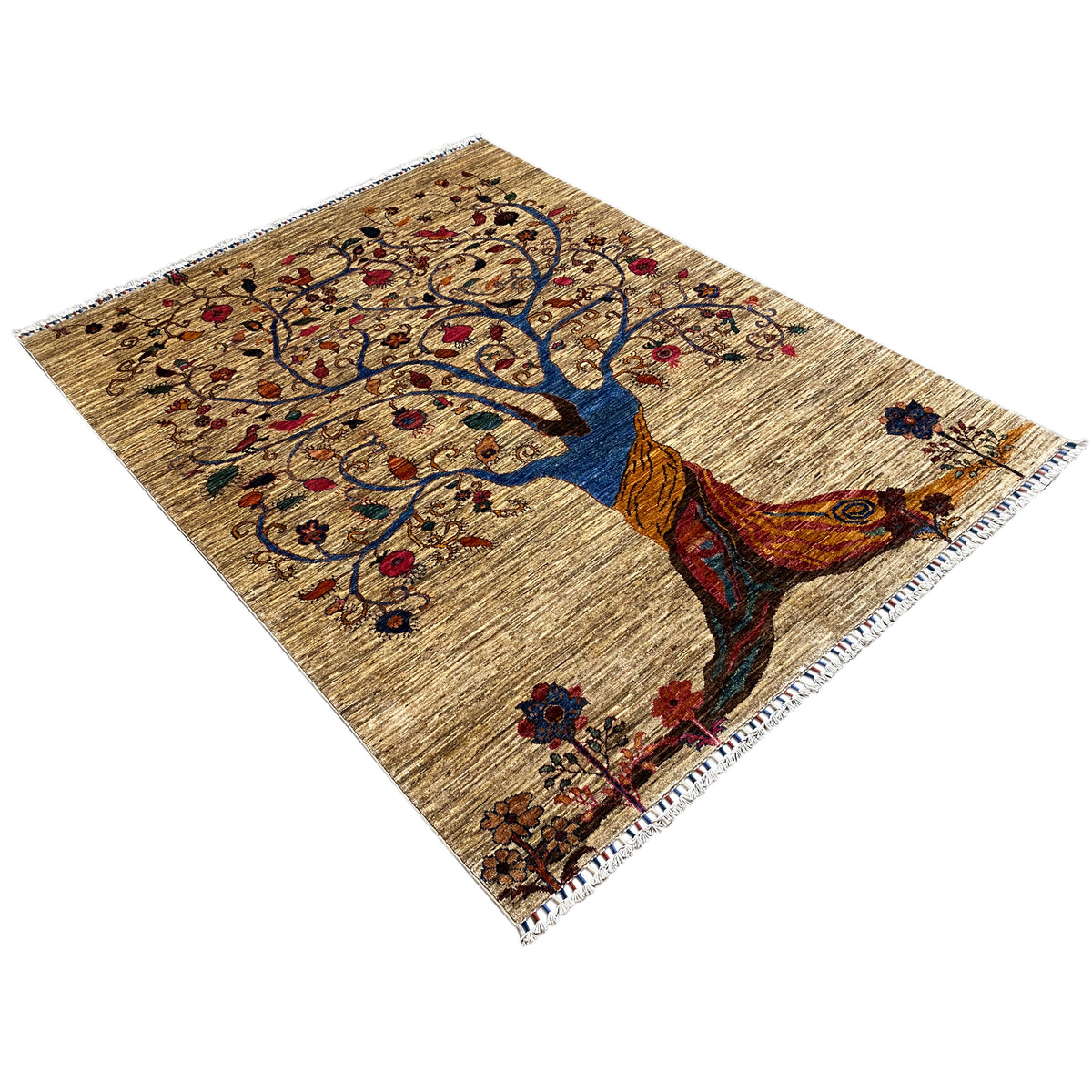 Beige Khorjin rug with Tree of Life motif and colorful ornaments, diagonal