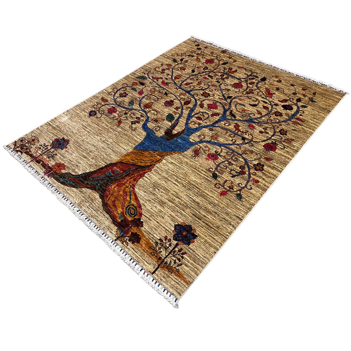 Beige Khorjin rug with Tree of Life motif, fringed border