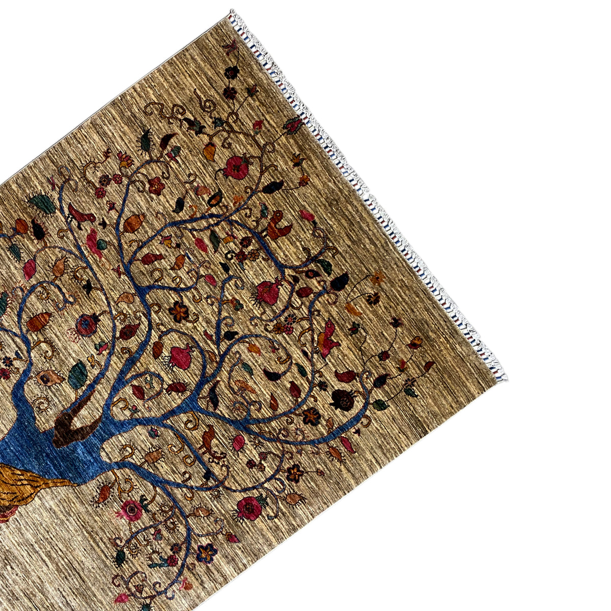 Corner of the beige Khorjin rug with a blue tree and colorful embroidery