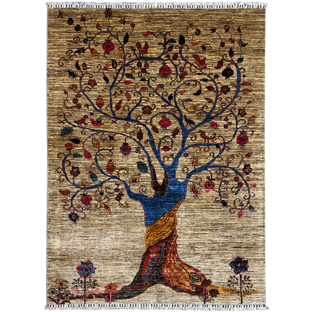 Beige Khorjin rug with Tree of Life motif, rectangular, multicolored