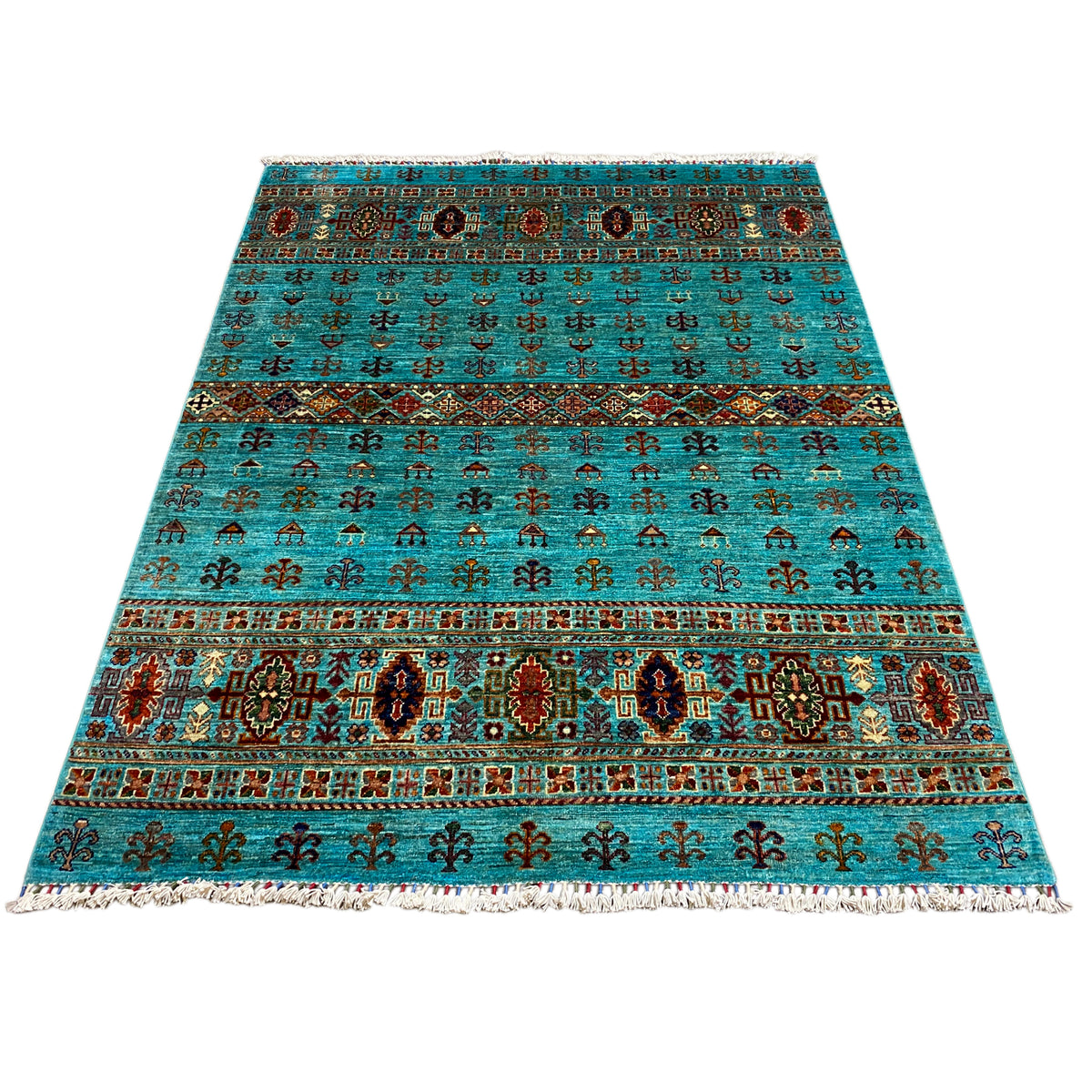 Turquoise rug with a multicolored ornamental pattern and fringes, rectangular