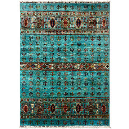 Turquoise Khorjin rug with an oriental pattern and fringes along the edge, 206×157 cm