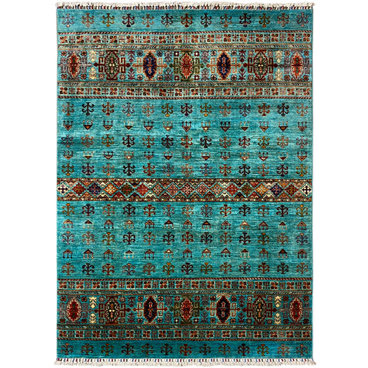 Turquoise Khorjin rug with an oriental pattern and fringes along the edge, 206×157 cm