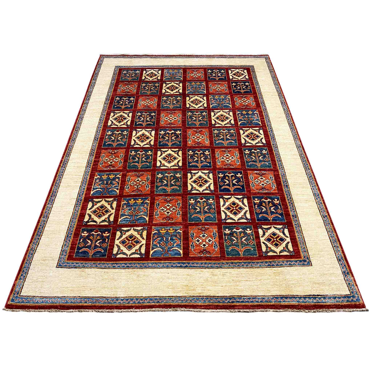Rectangular rug with a geometric floral pattern, cream-colored border, and blue-red tiles