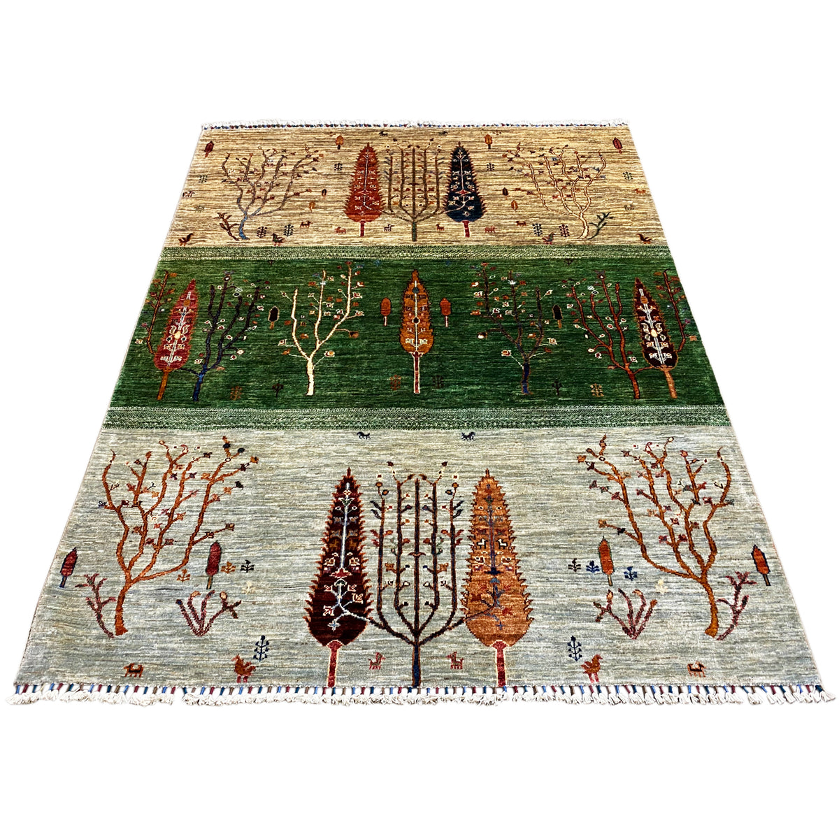 Khorjin rug with tree and ornamental elements in green, beige and red, with fringes