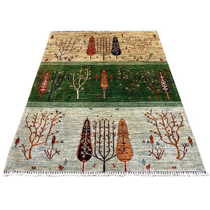 Khorjin rug with tree and ornamental elements in green, beige and red, with fringes