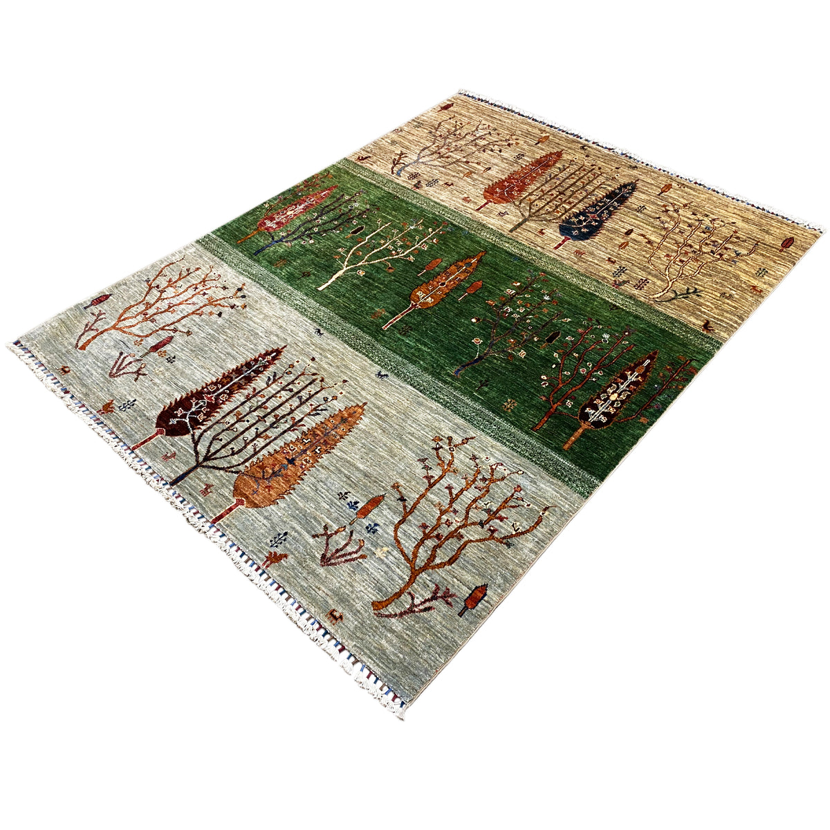 Khorjin rug with tree and patterned stripes in green, orange, and beige, with fringes