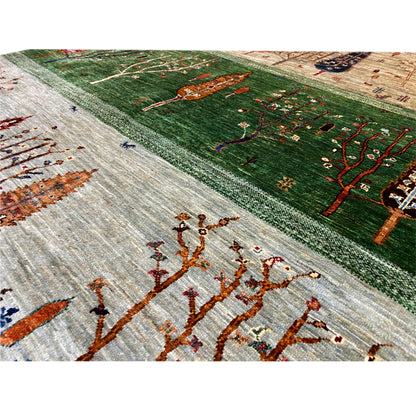 Khorjin rug detail: woven tree branches and dots, texture on a light pile