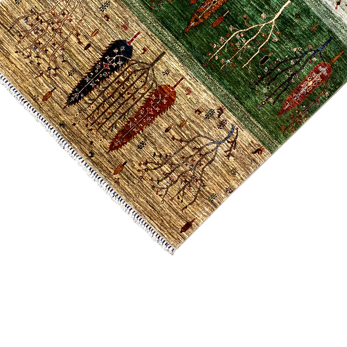 Khorjin rug corner with a dark tree motif on a beige background and colored lines, fringes