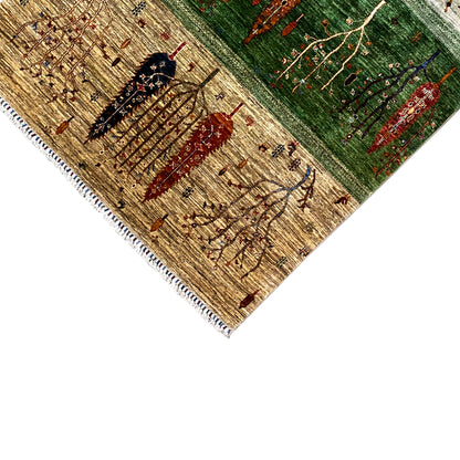 Khorjin rug corner with a dark tree motif on a beige background and colored lines, fringes