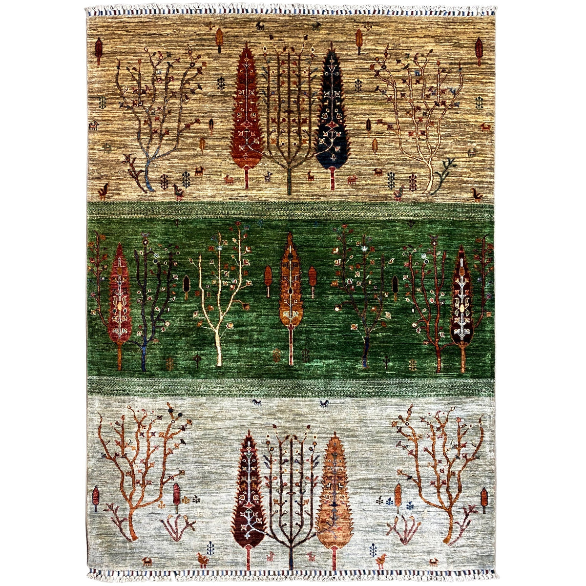Khorjin rug with a colorful tree landscape and multicolored striped pattern, with fringes