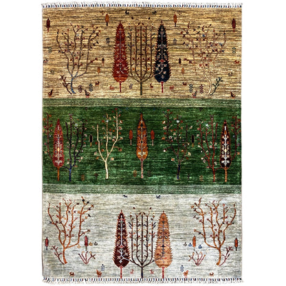 Khorjin rug with a colorful tree landscape and multicolored striped pattern, with fringes