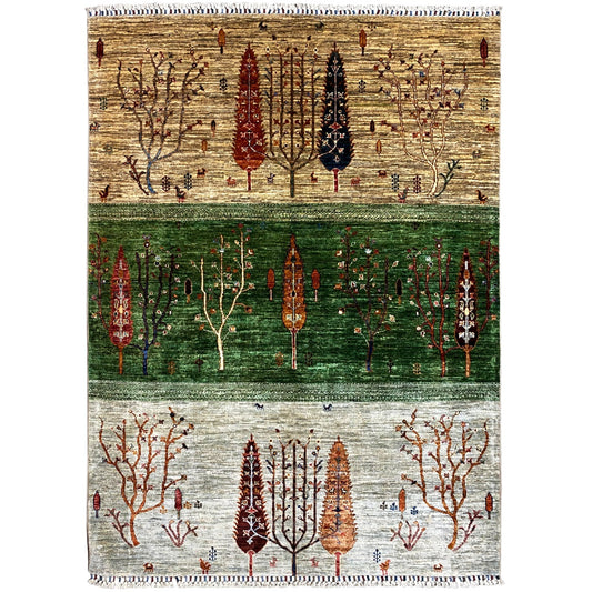 Khorjin rug with a colorful tree landscape and multicolored striped pattern, with fringes
