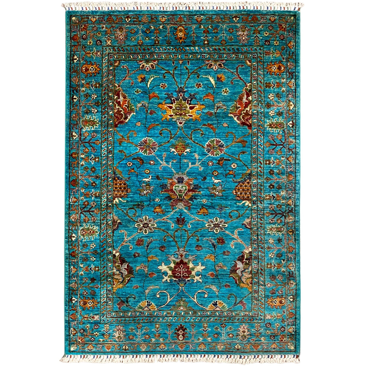 Turquoise Khorjin rug with medallion and ornaments, surrounding border
