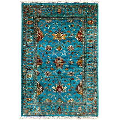 Turquoise Khorjin rug with medallion and ornaments, surrounding border