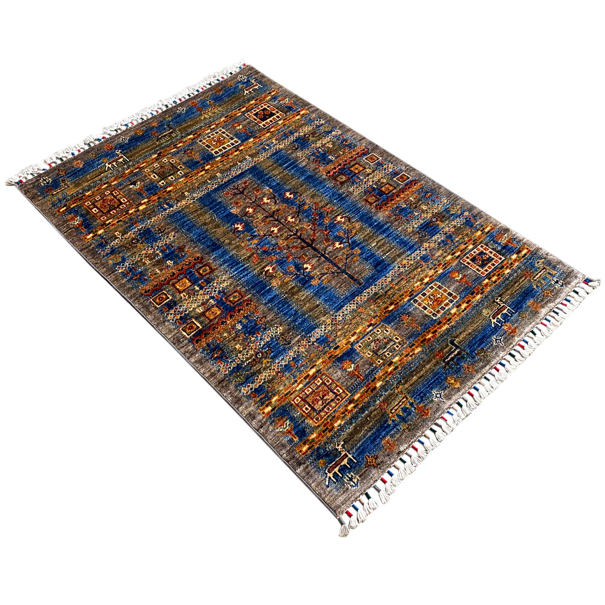 Khorjin rug, blue and brown, square medallion in the center, white fringe finish along the edges