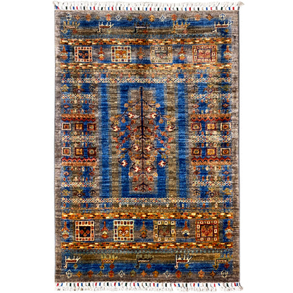 Blue-brown Khorjin rug with a central medallion, geometric patterns, and a white fringed border