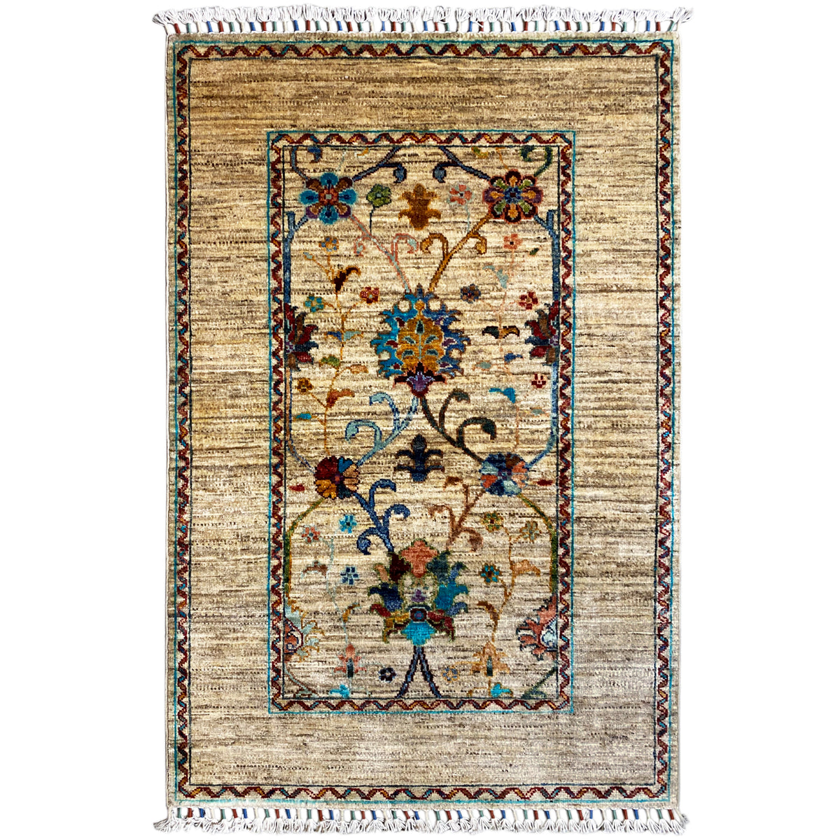 Beige Khorjin rug (126x85 cm) with rectangular medallion and colorful borders, fringes