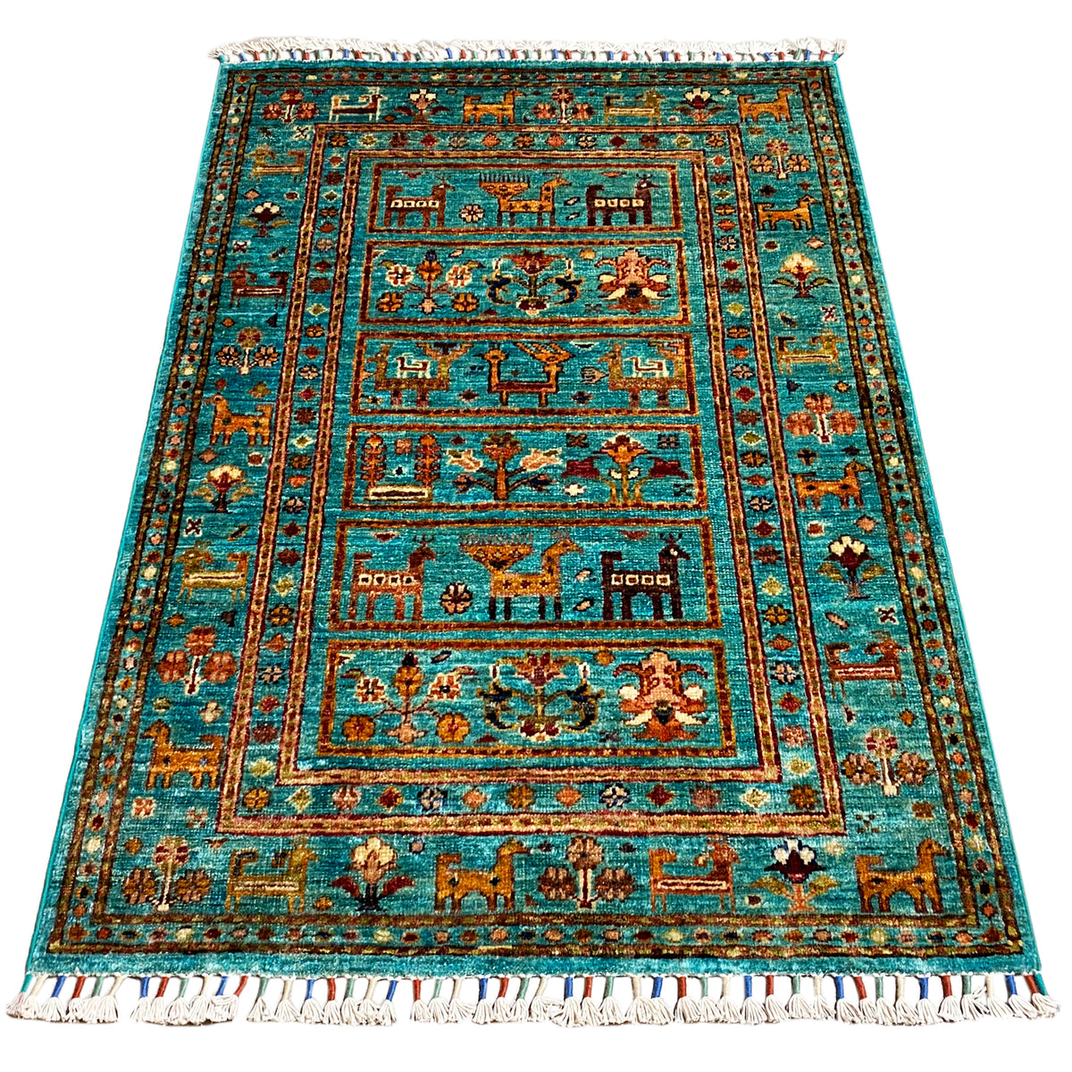 Rectangular turquoise Khorjin rug with a multi-part border and fringes, 119x83 cm.