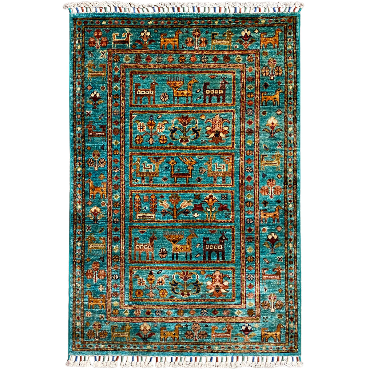 Turquoise Khorjin rug with an ornamental pattern, fringes on all sides, 119x83 cm.