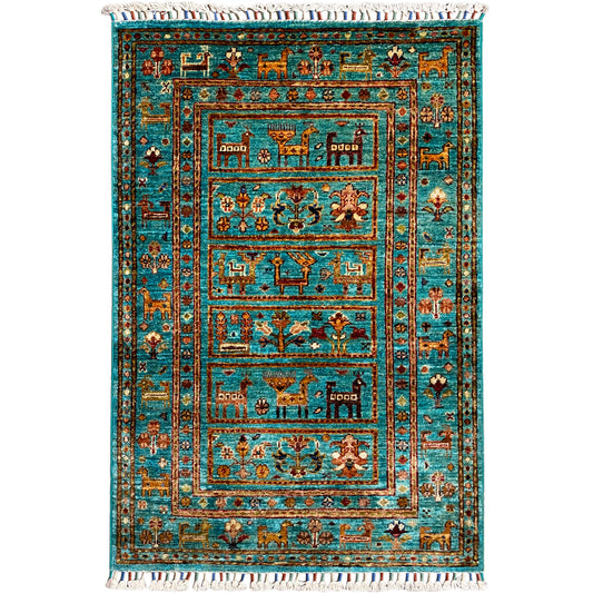 Turquoise Khorjin rug with an ornamental pattern, fringes on all sides, 119x83 cm.