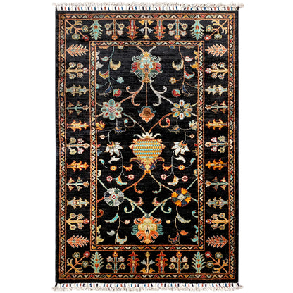 Khorjin rug 143x96 cm with a black background and colorful ornamental pattern, fringes