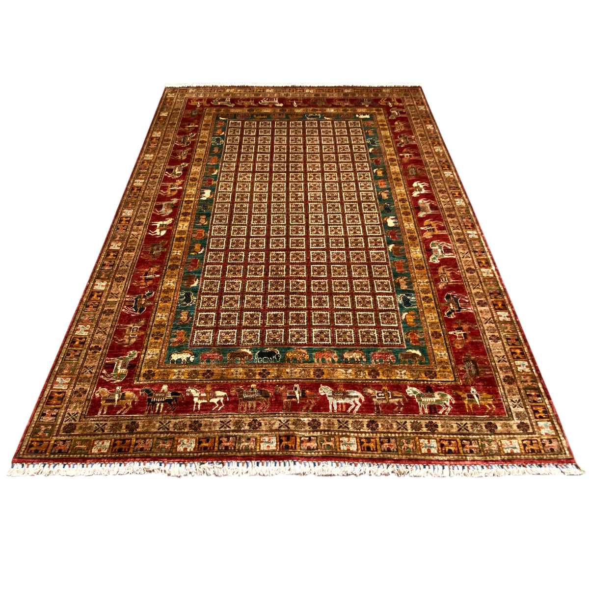 Khorjin rug with a red central field, turquoise-green accents, and border