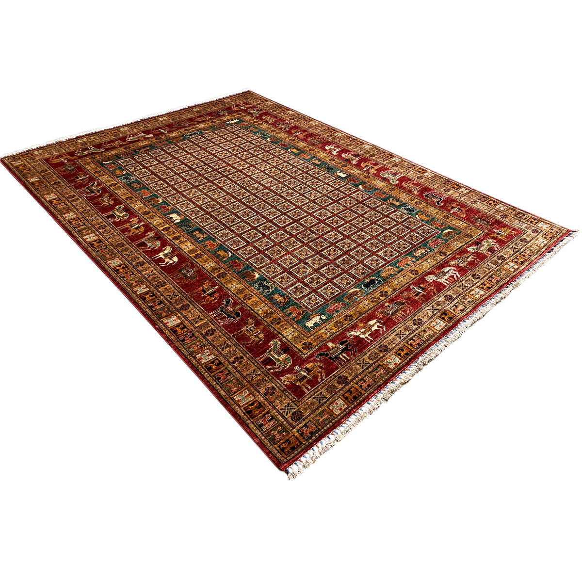 Khorjin carpet, shown turned, with a red medallion grid and border ornaments
