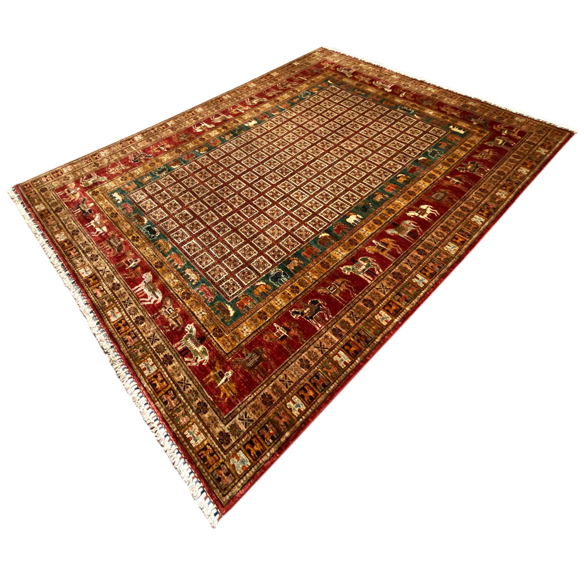Khorjin rug, diagonal, red border with figures and turquoise inner field