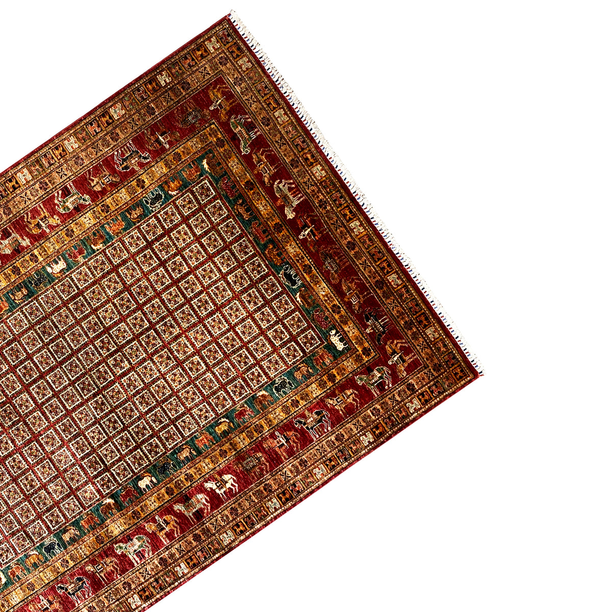 Khorjin carpet viewed from above at an angle, red interior grid with green accents