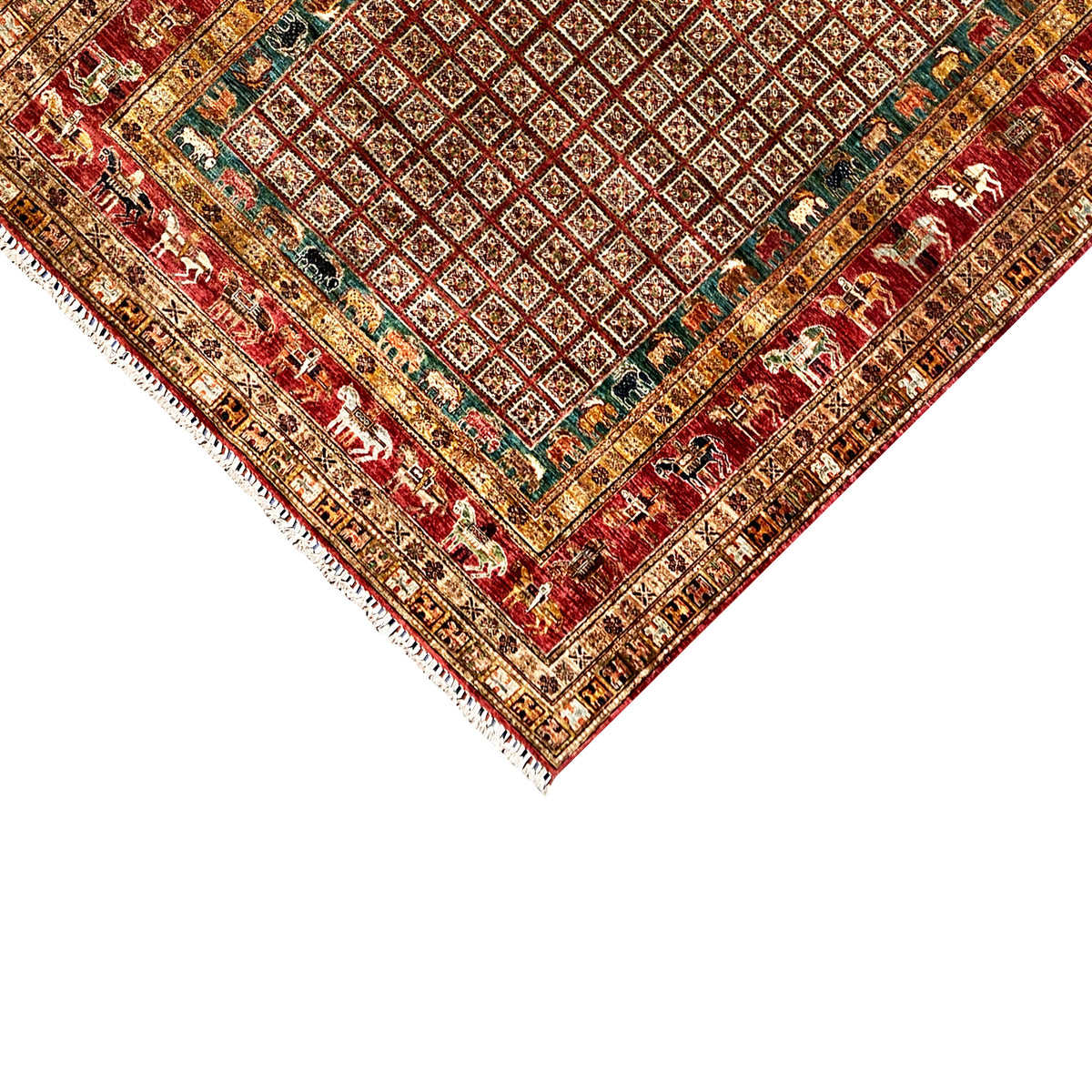 Corner of a Khorjin rug with fringes, a red pattern, and a turquoise inner field