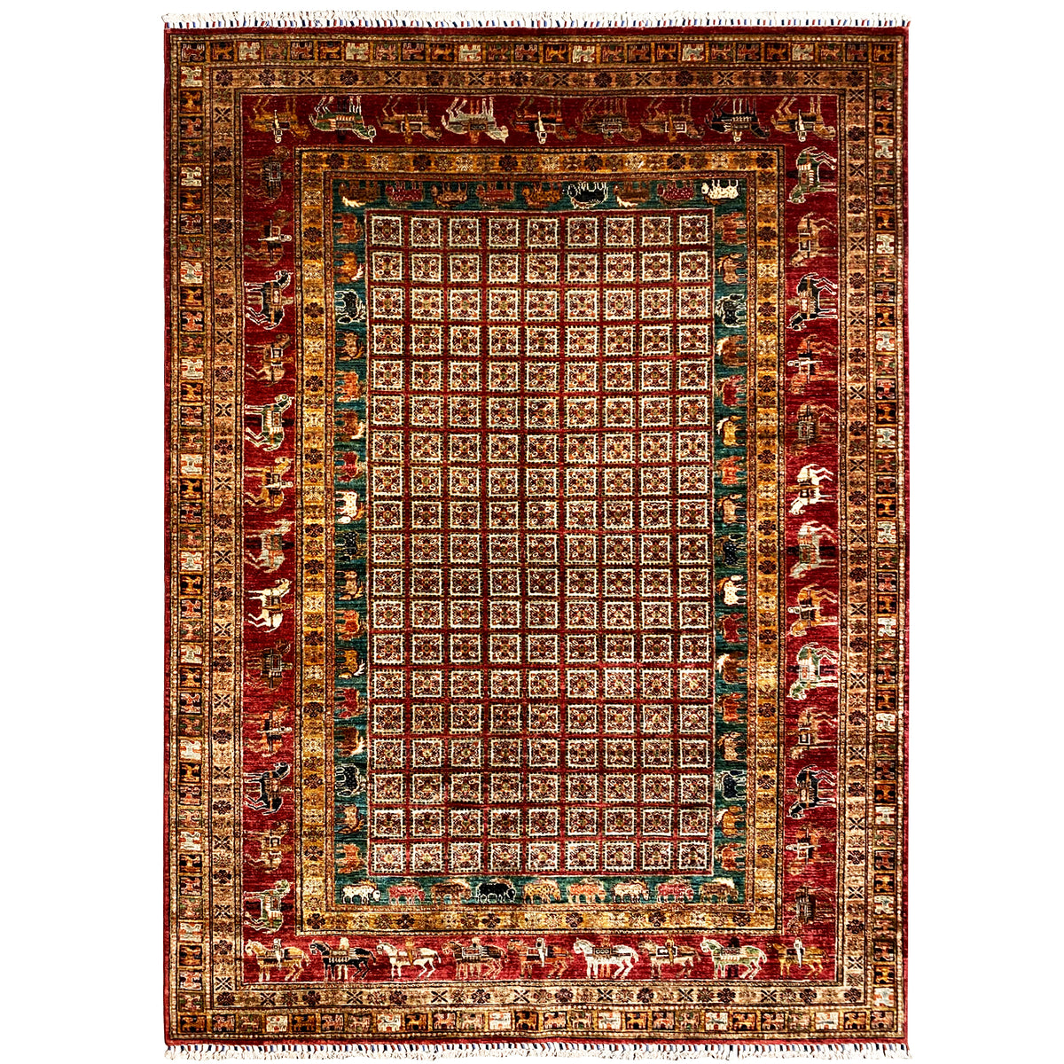 Red Khorjin rug with a square pattern and ornamental border