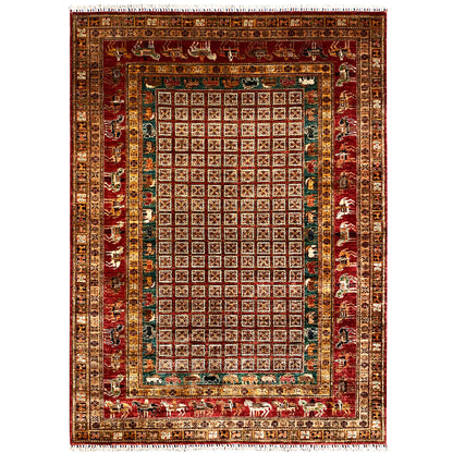 Red Khorjin rug with a square pattern and ornamental border