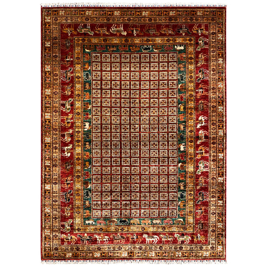 Red Khorjin rug with a square pattern and ornamental border