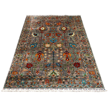 Gray Khorjin rug, rectangular, spread out; intricate multicolored medallion and line pattern