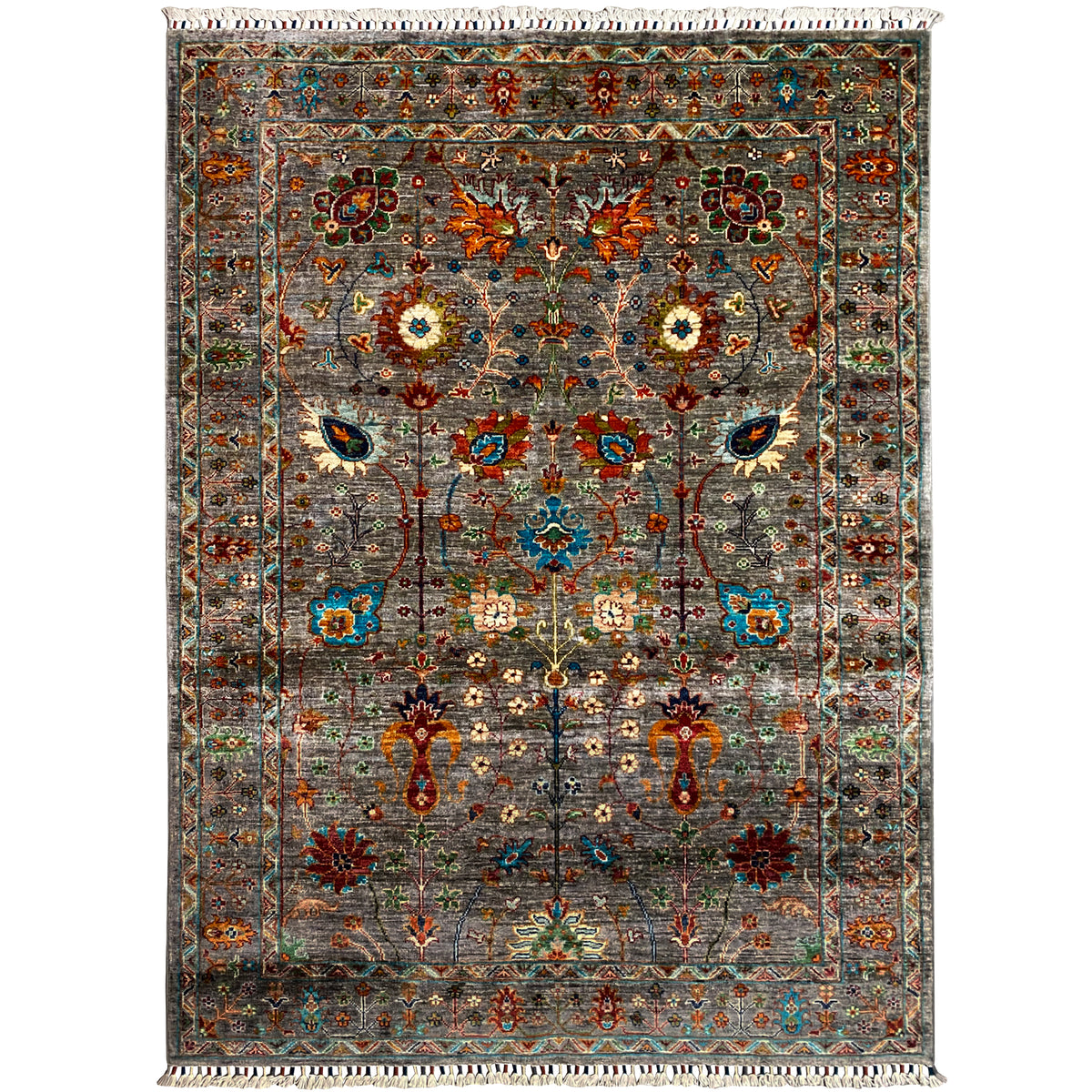 Gray Khorjin rug with a multicolored ornamental pattern and border, rectangular, with fringes