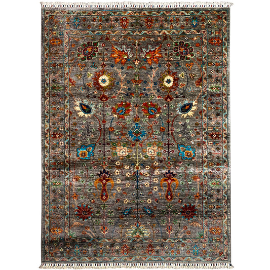 Gray Khorjin rug with a multicolored ornamental pattern and border, rectangular, with fringes