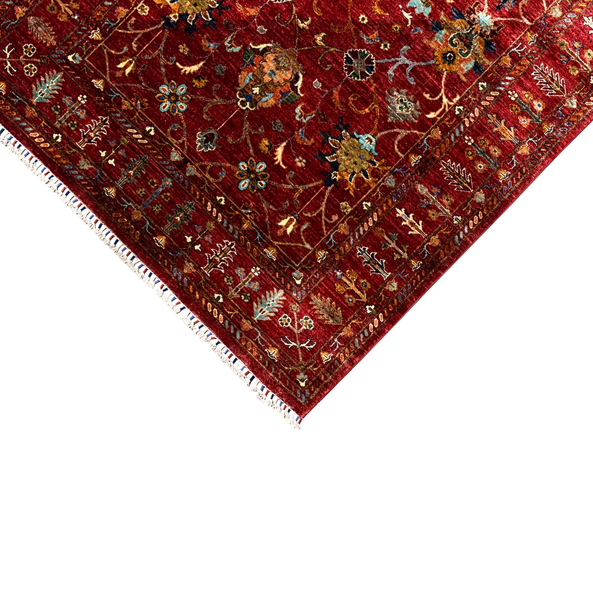 Close-up of the corner of the red Khorjin rug with border, fringe, and ornaments