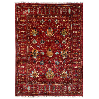Red Khorjin rug with a multicolored ornamental pattern, rectangular, with border and fringes