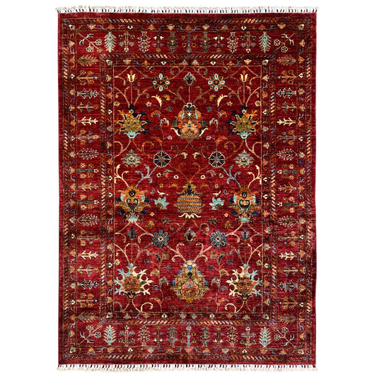 Red Khorjin rug with a multicolored ornamental pattern, rectangular, with border and fringes