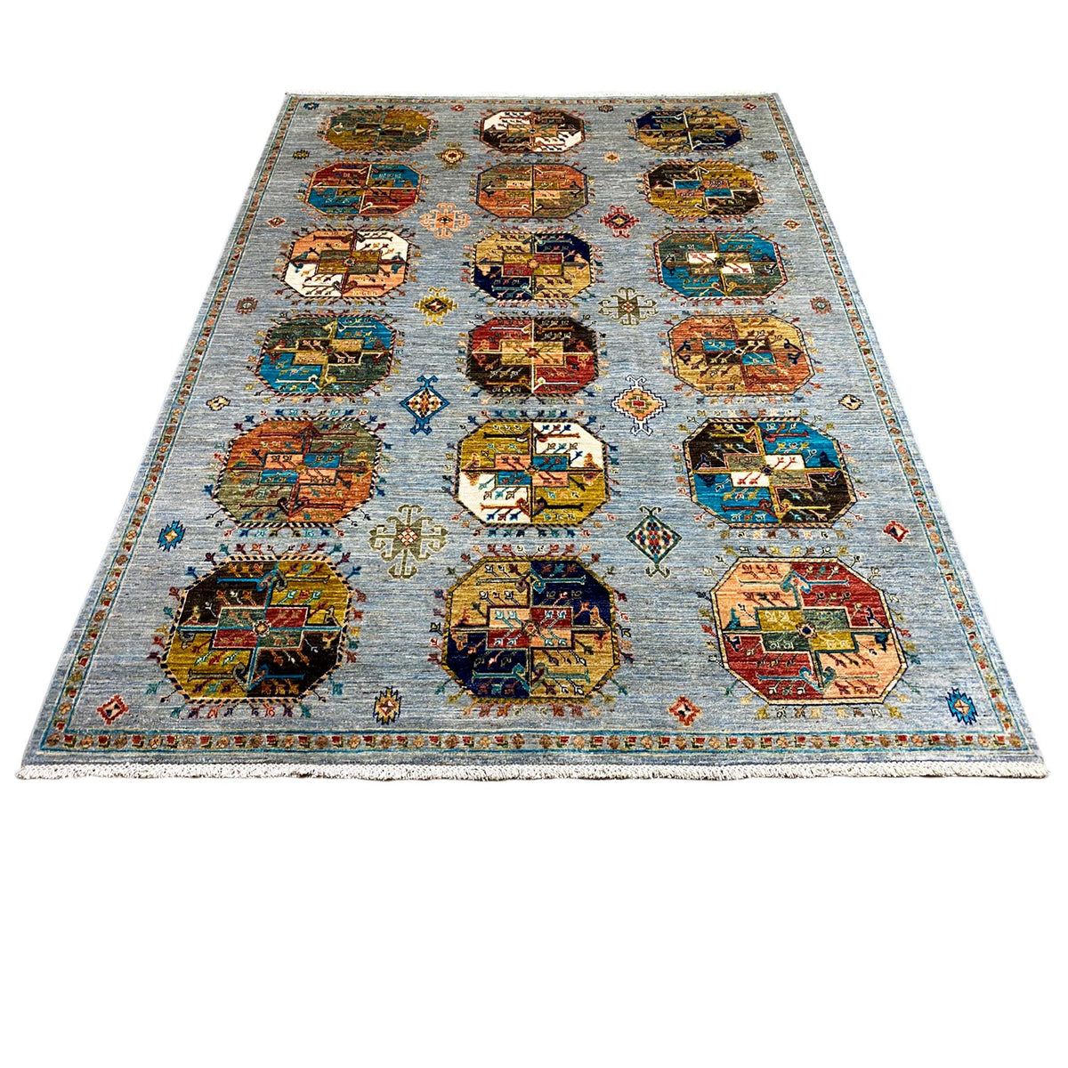 Ziegler rug with colorful rectangular medallions and decorative border, rectangular