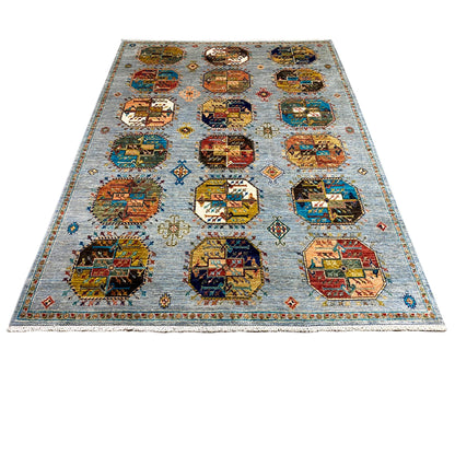 Ziegler rug with colorful rectangular medallions and decorative border, rectangular