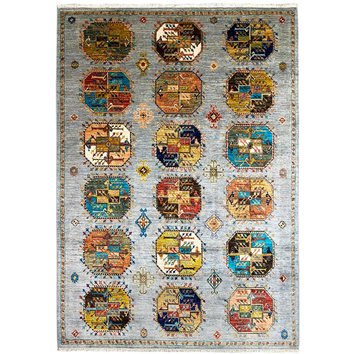 Ziegler rug with ornamental medallions in blue and multicolored tones, rectangular